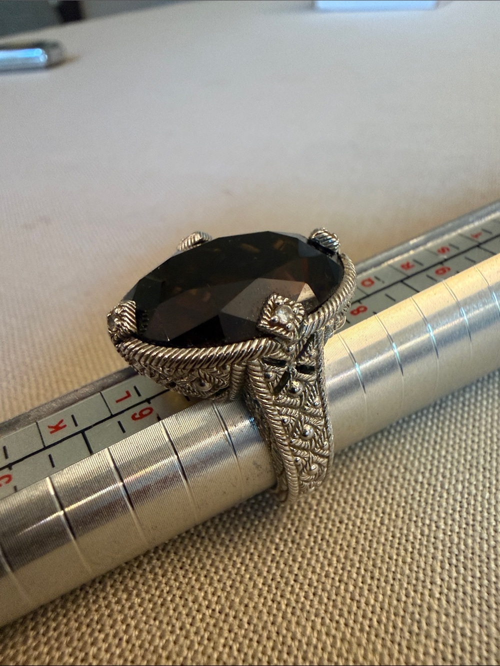 Judith Ripka Sterling silver ring with oval brown smoky quartz, size 7